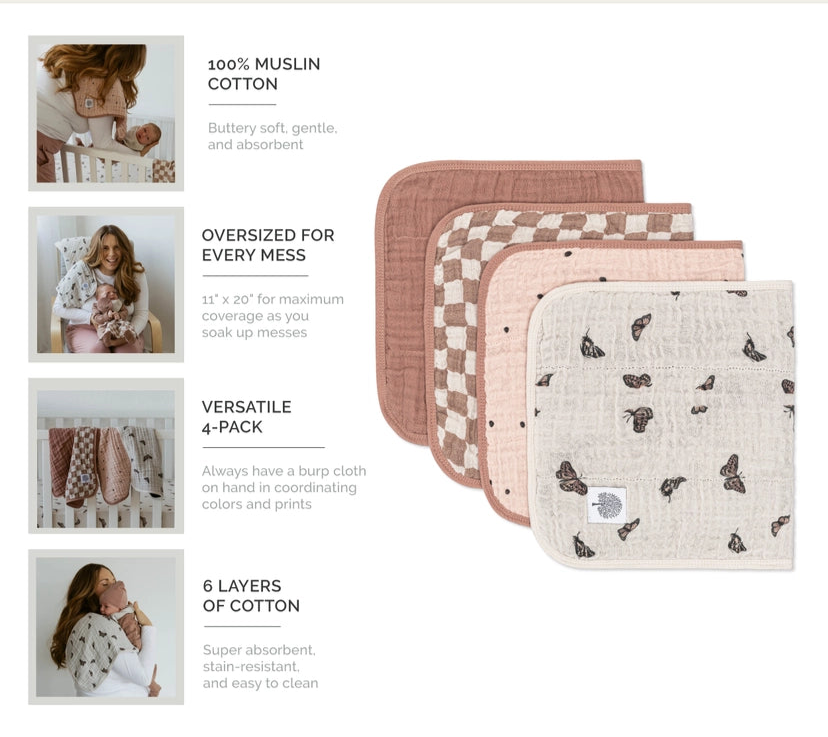 Soft absorbent muslin burp cloths for newborns and infants in girly colors
