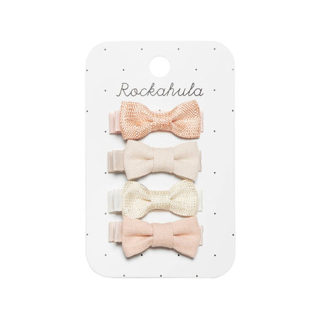 Rockahula Kids Linen Mini Bow Clips, Set of 4 hand-tied Rockahula Kids linen bows for toddler girls.
