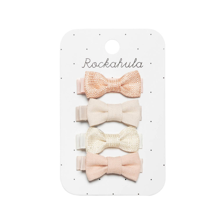Rockahula Kids Linen Mini Bow Clips, Set of 4 hand-tied Rockahula Kids linen bows for toddler girls.