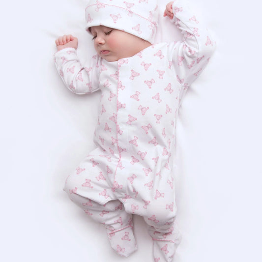 Hand-embroidered teddy bear detail on pink teddy baby footie sleeper