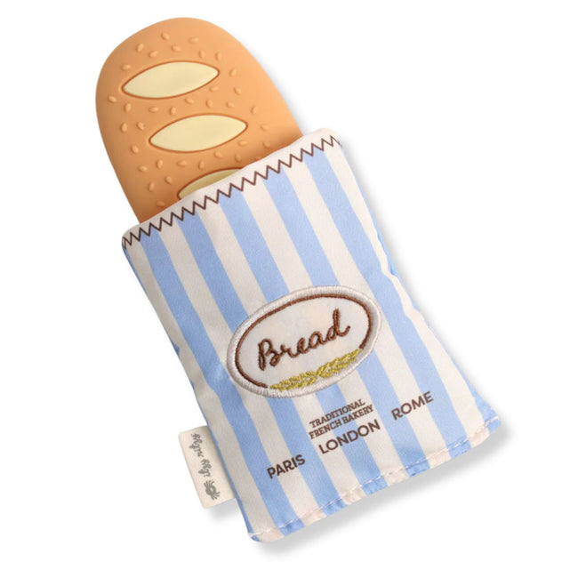 Itzy Ritzy Teensy Crinkle baby teether in baguette shape with silicone and crinkle fabric for babies 3 months and up