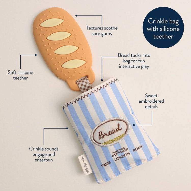 
                    
                      Itzy Ritzy Teensy Crinkle baby teether in baguette shape with silicone and crinkle fabric for babies 3 months and up
                    
                  