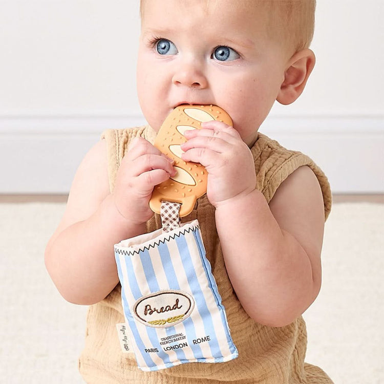 Itzy Ritzy Teensy Crinkle baby teether in baguette shape with silicone and crinkle fabric for babies 3 months and up