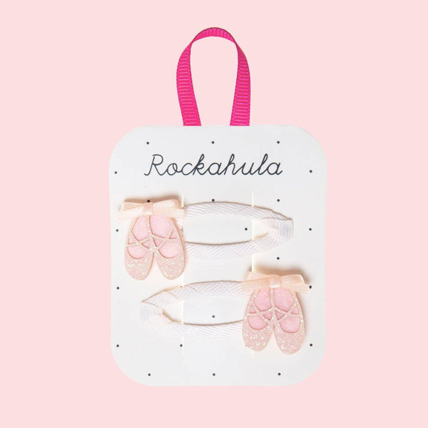 Packaged hair accessories with 'Rockahula' branding on a pink background  Ballet Shoes Clips  for toddlers 