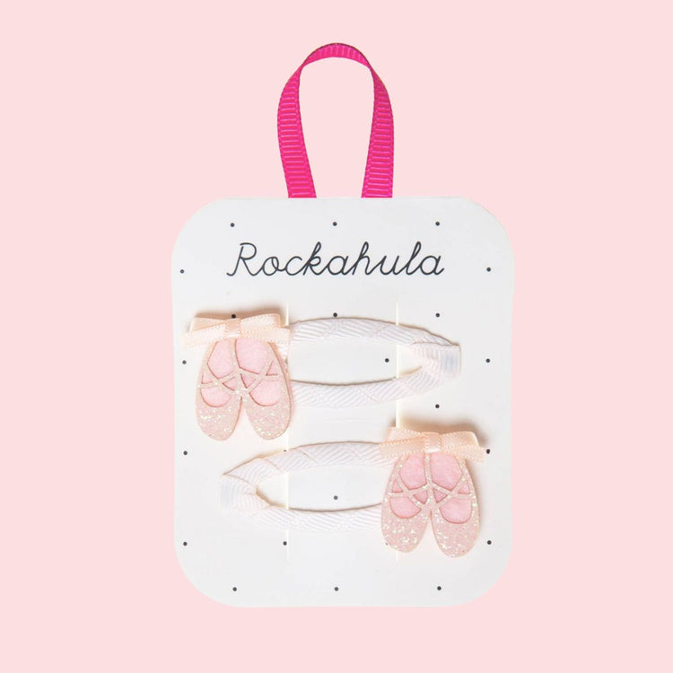 Packaged hair accessories with 'Rockahula' branding on a pink background  Ballet Shoes Clips  for toddlers 