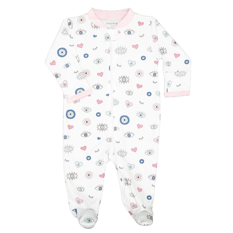Girl Evil Eye Zipper Footie shown as a Pima cotton zippered footie pajama for baby girls