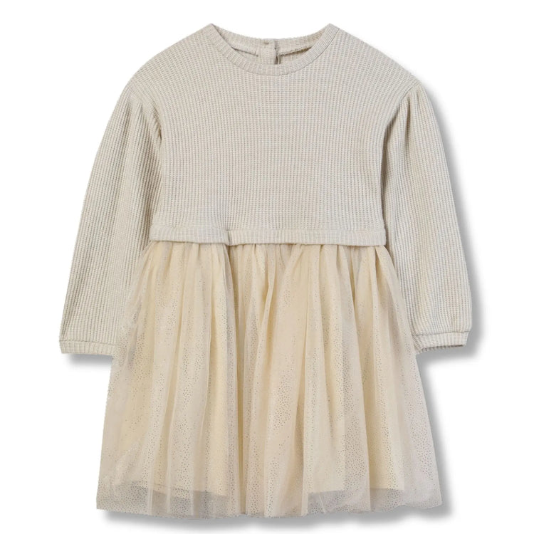 Vignette Birdie Dress in oatmeal, ribbed knit bodice with long sleeves and gathered tulle skirt with metallic fleck