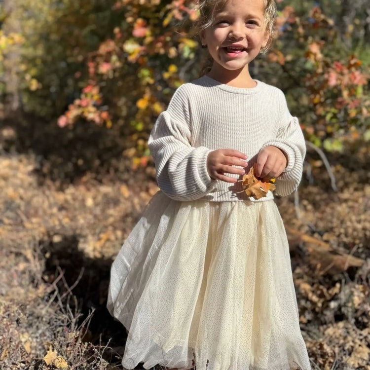 Vignette Birdie Dress, oatmeal knit and tulle toddler dress, view 2