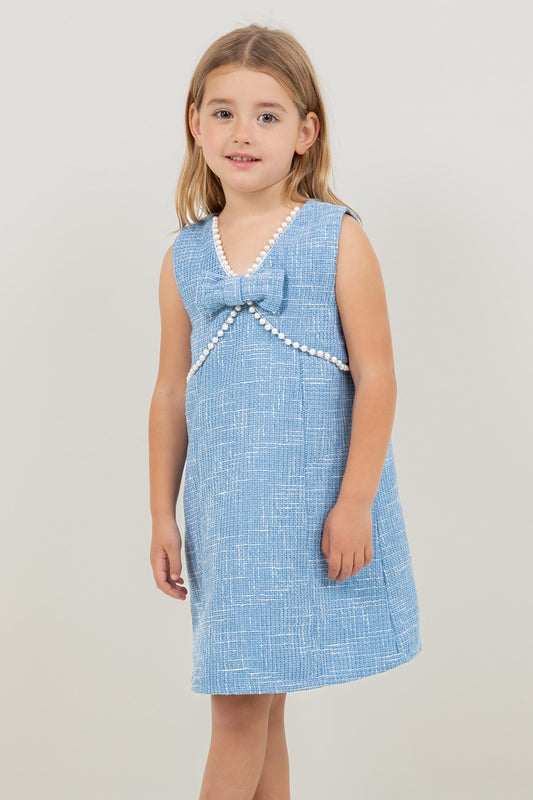 Girl’s Pearl Bow Tweed Dress – Sky Blue | Olive Sprout Kids