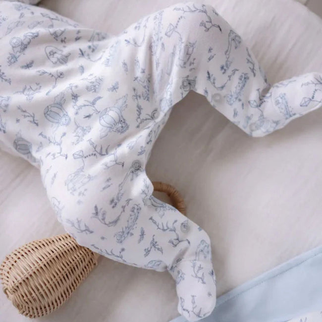 3-Piece Newborn Set - Toile De Jouy / Blue - Atelier Babbi blue Toile de Jouy footed onesie for newborn 0-3 months
