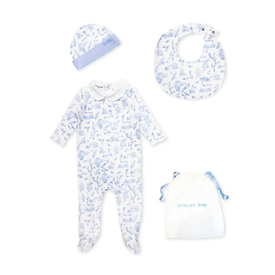 3-Piece Newborn Set - Toile De Jouy / Blue - full set flat lay showing onesie, bib, and hat by Atelier Babbi