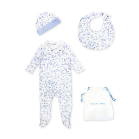 3-Piece Newborn Set - Toile De Jouy / Blue - full set flat lay showing onesie, bib, and hat by Atelier Babbi