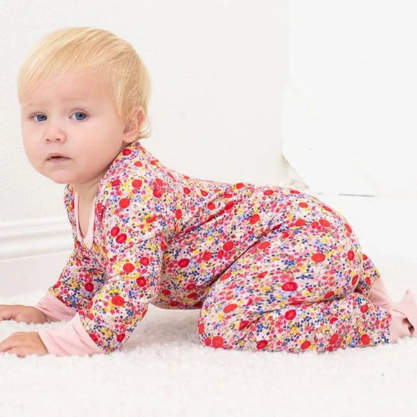 Pink Floral Print Bamboo Convertible Coverall Blush Bloom Convertible Coverall made from soft bamboo fabric designed as a baby and toddler one-piece outfit