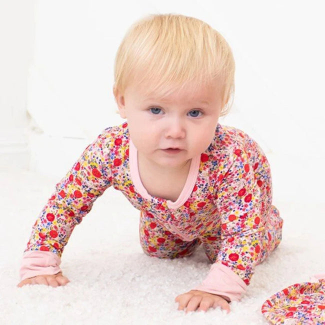 Pink Floral Print Bamboo Convertible Coverall Blush Bloom Convertible Coverall featuring bamboo fabric and floral print for baby girls