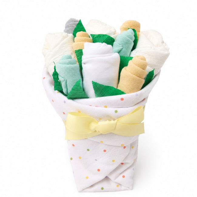 Neutral Dots Blossom Bouquet, gender-neutral baby gift bouquet handcrafted from diapers, socks, bodysuit, blanket, and washcloths in soft neutral dots