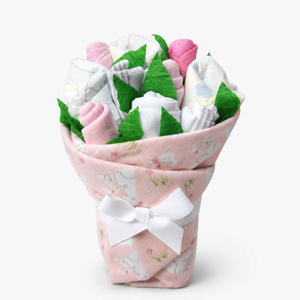 Bunny Blossom Baby Girl Gift Set, layette bouquet handcrafted from diapers, socks, bodysuit, blanket, and washcloths in a bunny theme
