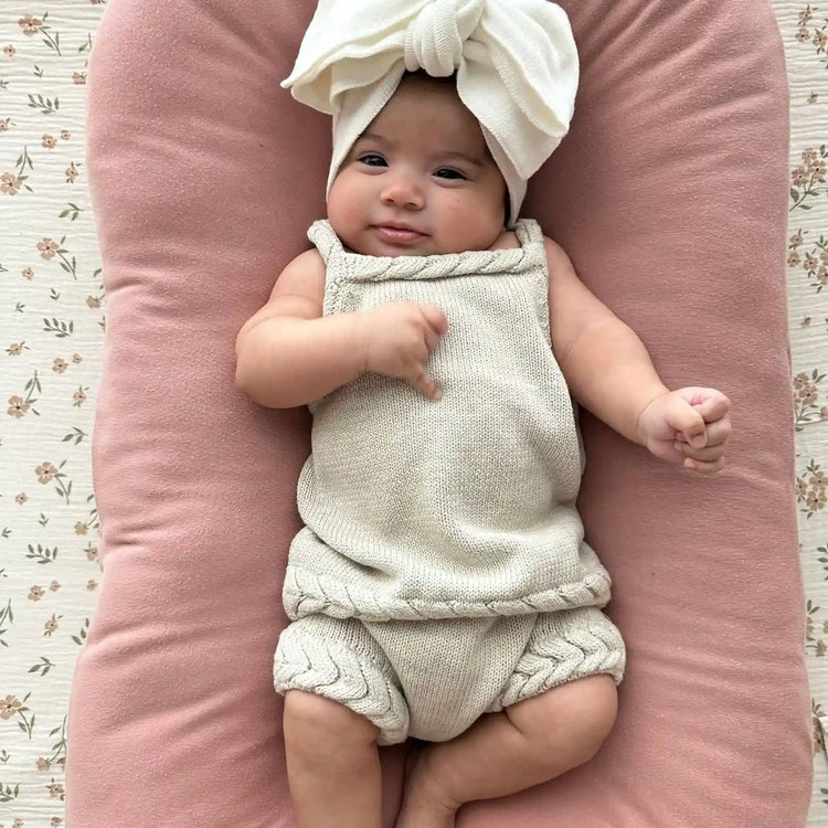Shop the Braided Tank and Bloomers Set an 100% organic cotton baby two-piece set with braided tank detailing and matching bloomers.