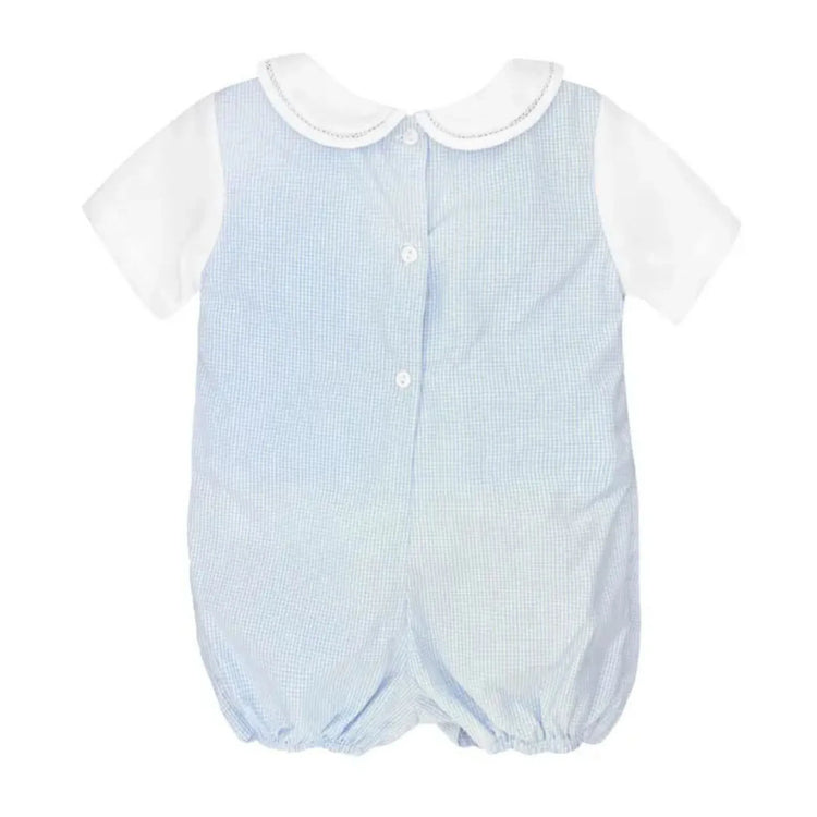 Romper with side tabs shown as a refined baby boy outfit suitable for special occasions,Gingham Romper with Hat