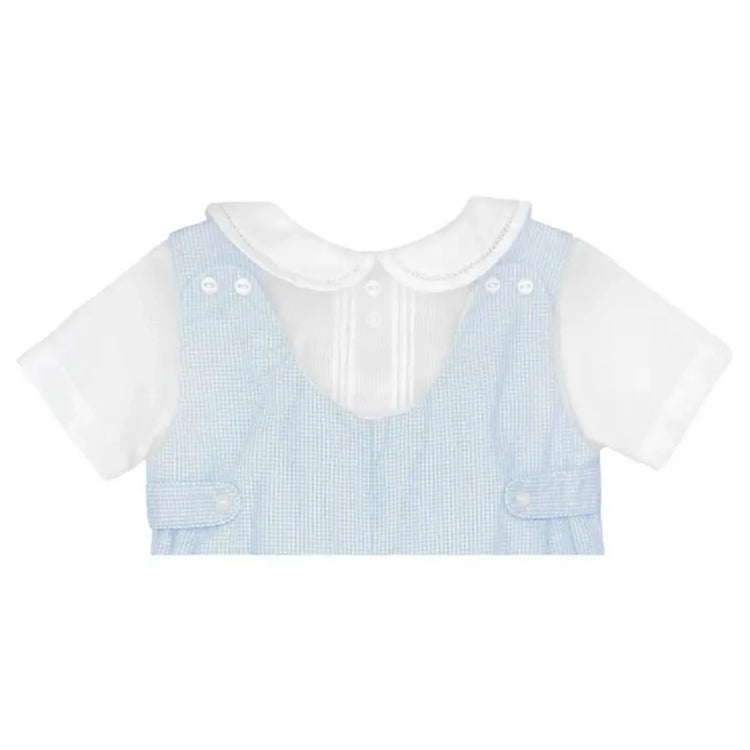 Romper with side tabs featured as a traditional baby boy romper for special occasions.Gingham Romper with Hat