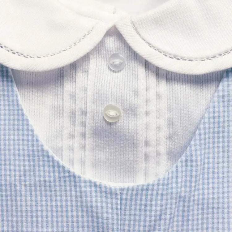 Romper with side tabs worn as an elegant baby boy outfit for special occasions,Gingham Romper with Hat