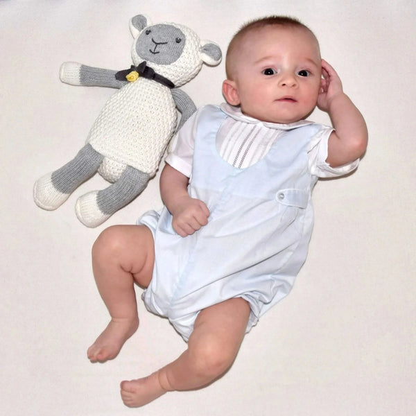 Romper with side tabs shown as a classic baby boy outfit for special  Gingham Romper with Hat