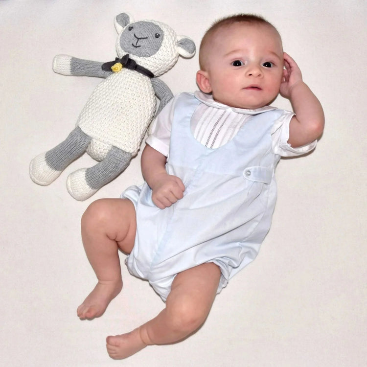 Romper with side tabs shown as a classic baby boy outfit for special  Gingham Romper with Hat