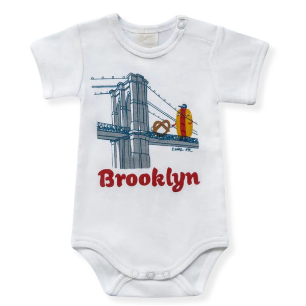 Brooklyn Buddies Organic Baby Bodysuit by Estella, hot dog and pretzel characters walking the Brooklyn Bridge in soft organic cotton with snap closures