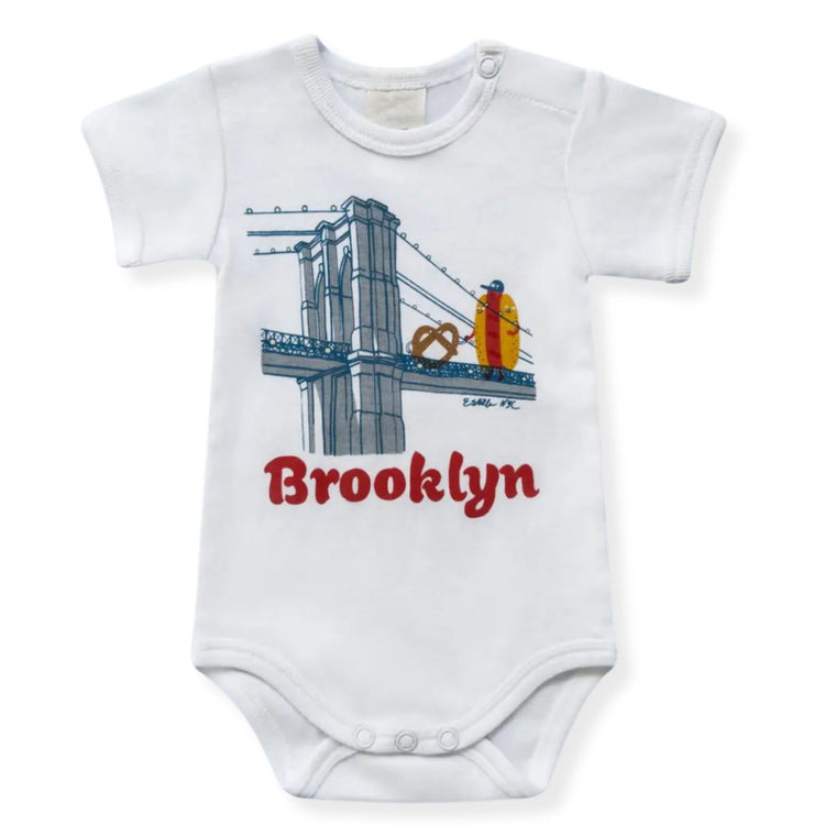 Brooklyn Buddies Organic Baby Bodysuit by Estella, hot dog and pretzel characters walking the Brooklyn Bridge in soft organic cotton with snap closures