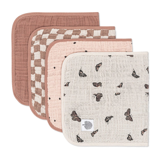 The Flutter Pack muslin burp cloth set for baby messes and spit-up