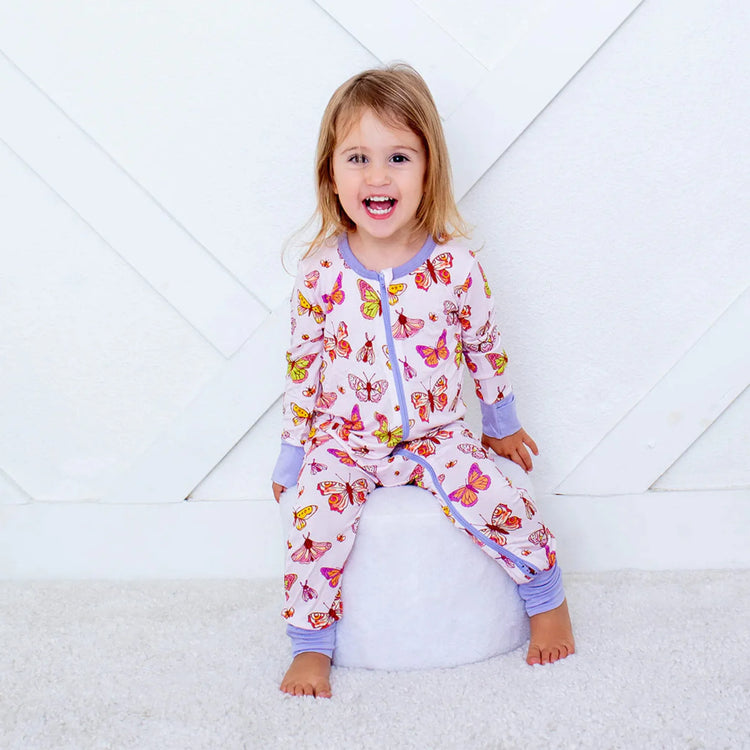 ButterBloom Convertible Coverall bamboo baby girl convertible pajamas footies, Butterfly Print Print Bamboo Convertible Coverall