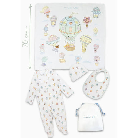 4-Piece Newborn Set - Cappadocia - full set flat lay showing jumpsuit, bib, hat, and muslin swaddle by Atelier Babbi