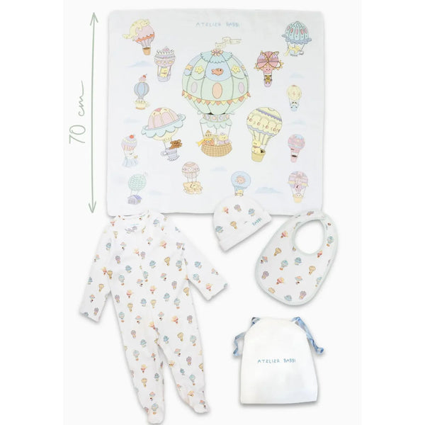 4-Piece Newborn Set - Cappadocia - full set flat lay showing jumpsuit, bib, hat, and muslin swaddle by Atelier Babbi