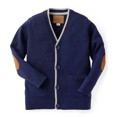 Tipped Organic Cardigan with Elbow Patches – Baby shown as a classic organic baby boy cardigan sweater
