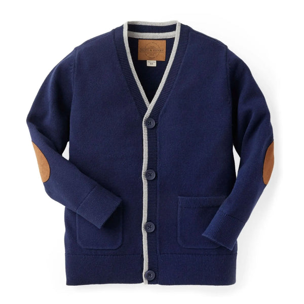 Tipped Organic Cardigan with Elbow Patches – Baby shown as a classic organic baby boy cardigan sweater