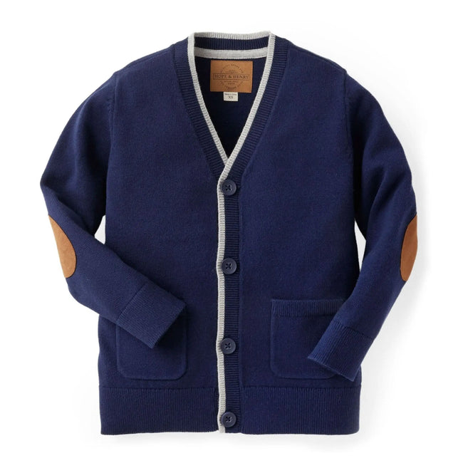 Tipped Organic Cardigan with Elbow Patches – Baby shown as a classic organic baby boy cardigan sweater