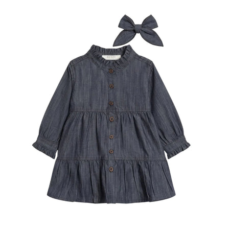 Chambray Ruffle Shirt Dress & Matching Bow (Organic Cotton)