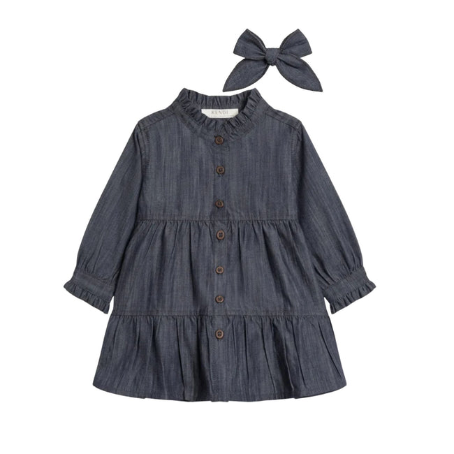 Chambray Ruffle Shirt Dress & Matching Bow (Organic Cotton)