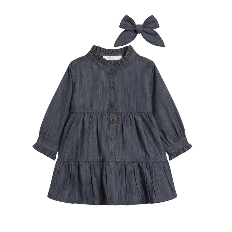 Chambray Ruffle Shirt Dress & Matching Bow (Organic Cotton)