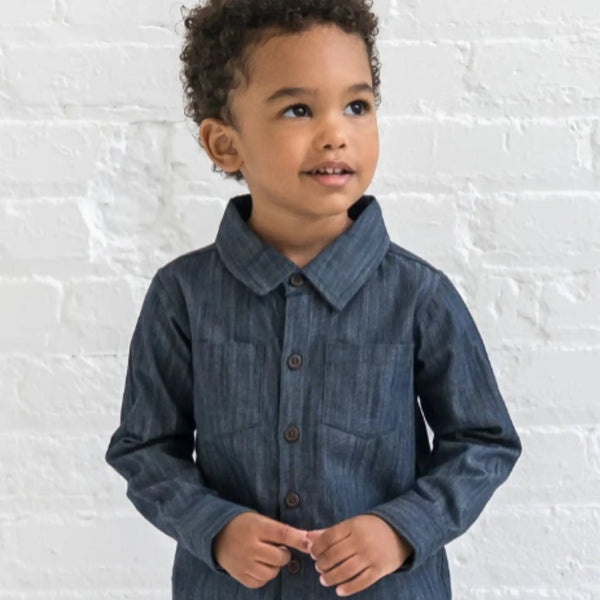 Organic Chambray Long Sleeve Collared Shirt (Toddler Boys) in classic blue chambray with patch pockets