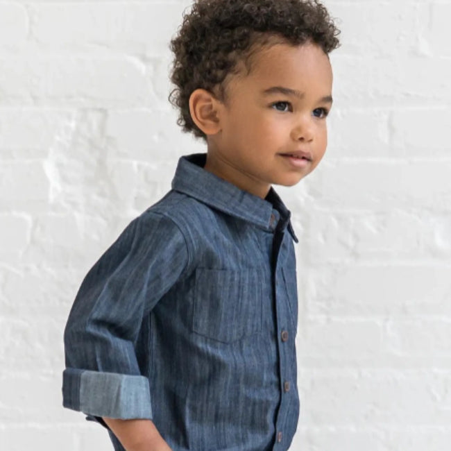 Organic Chambray Long Sleeve Collared Shirt (Toddler Boys) showing collar and button detail