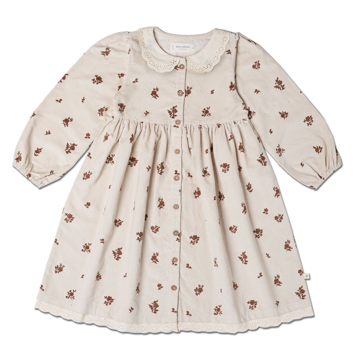 Organic Corduroy Button Dress Brown Floral for toddler girls