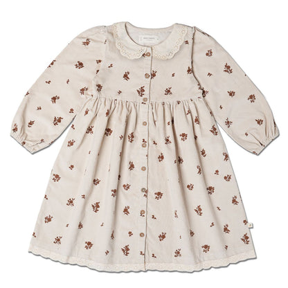 Organic Corduroy Button Dress Brown Floral for toddler girls