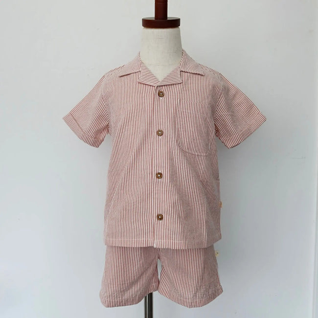 Organic Cotton Linen Shirt & Shorts Set - Coral Stripes, front view of button-up collared shirt with warm coral and white stripe pattern