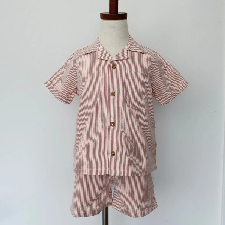 
                    
                      Organic Cotton Linen Shirt & Shorts Set - Coral Stripes, front view of button-up collared shirt with warm coral and white stripe pattern
                    
                  