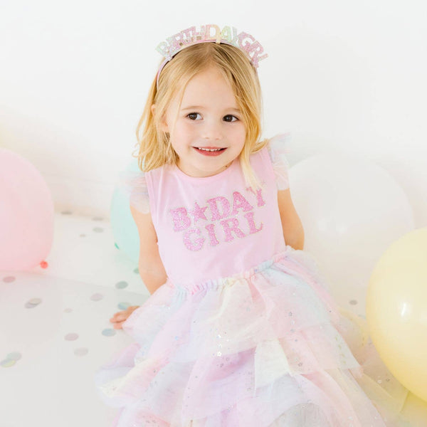 Fairy Dust Birthday Tutu Dress in soft pink for toddler girls.