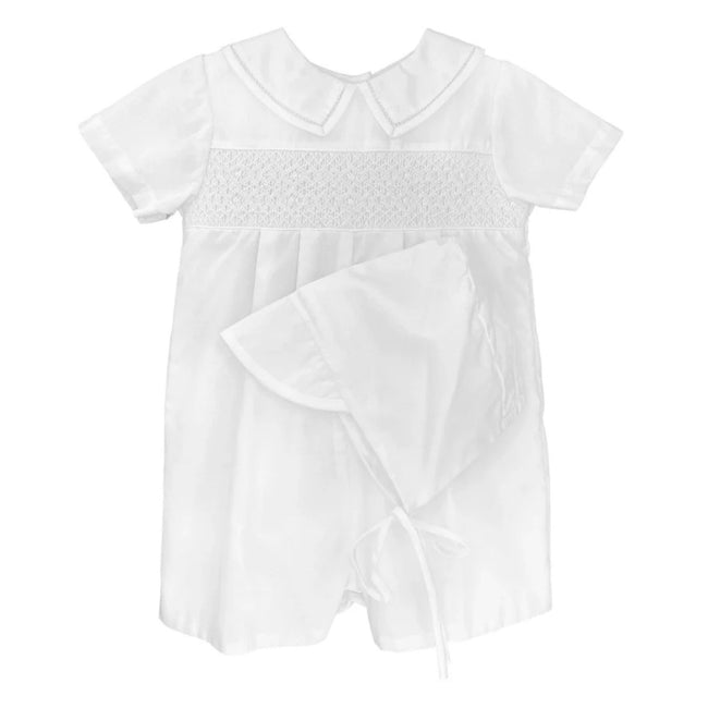 Petit Ami Diamond Smocked Romper & Bonnet baby boy fancy