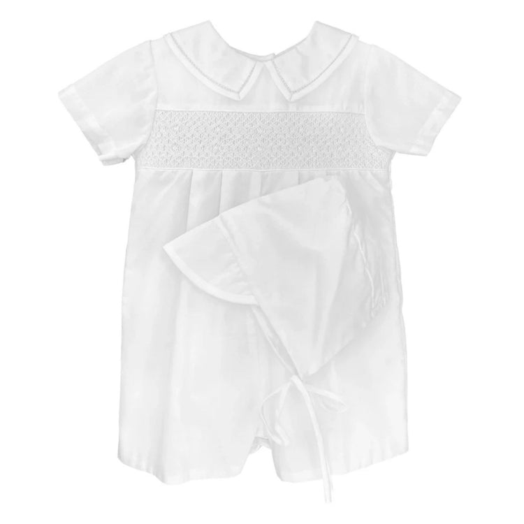 Petit Ami Diamond Smocked Romper & Bonnet baby boy fancy
