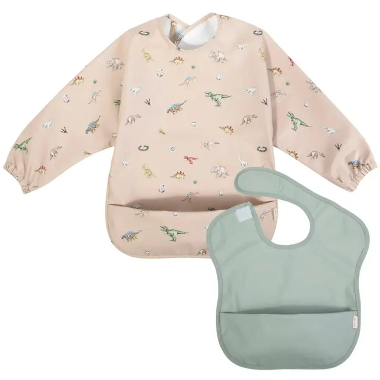 Dinosaur Print Smock Bib (2-pc) Long & Short Sleeve Set bib set for babies 