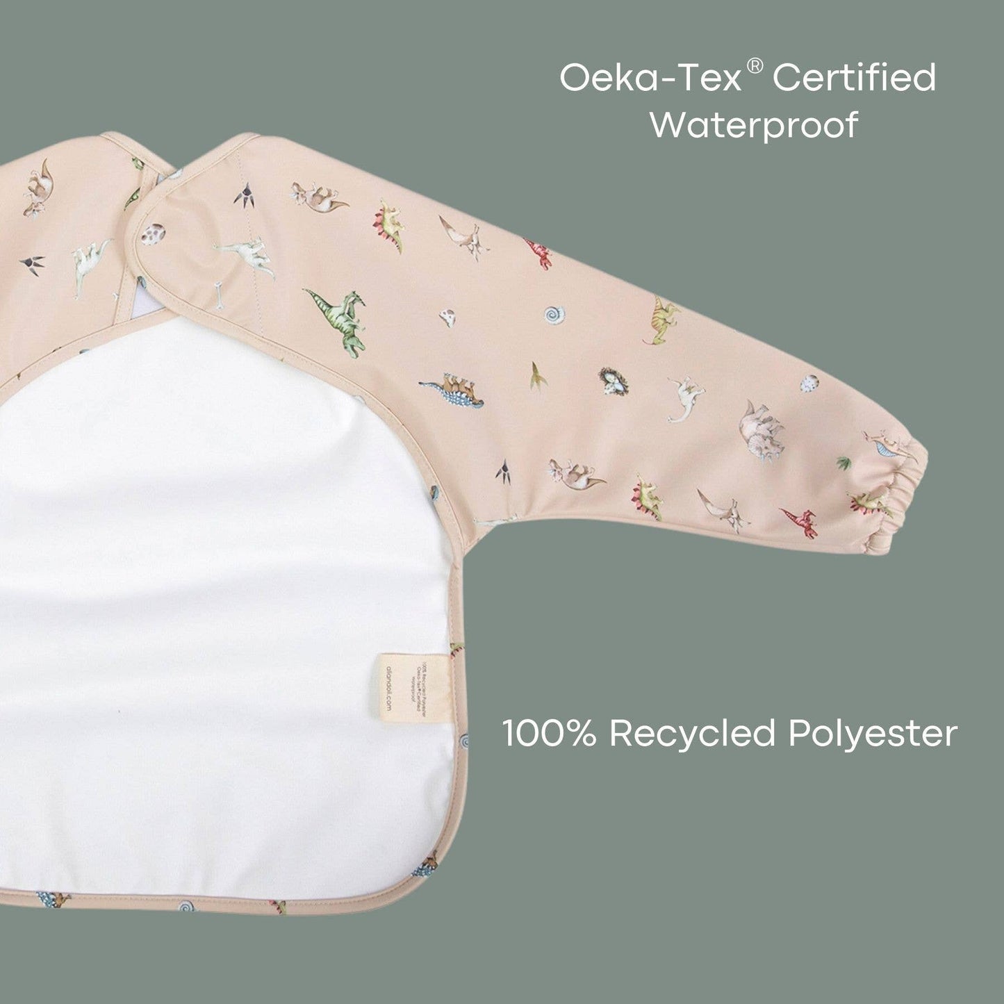 dino print smock bib set displayed for gifting