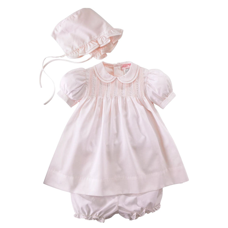 Pintuck & Featherstitch Dress Set & Bonnet for baby girls by petit ami and zubels